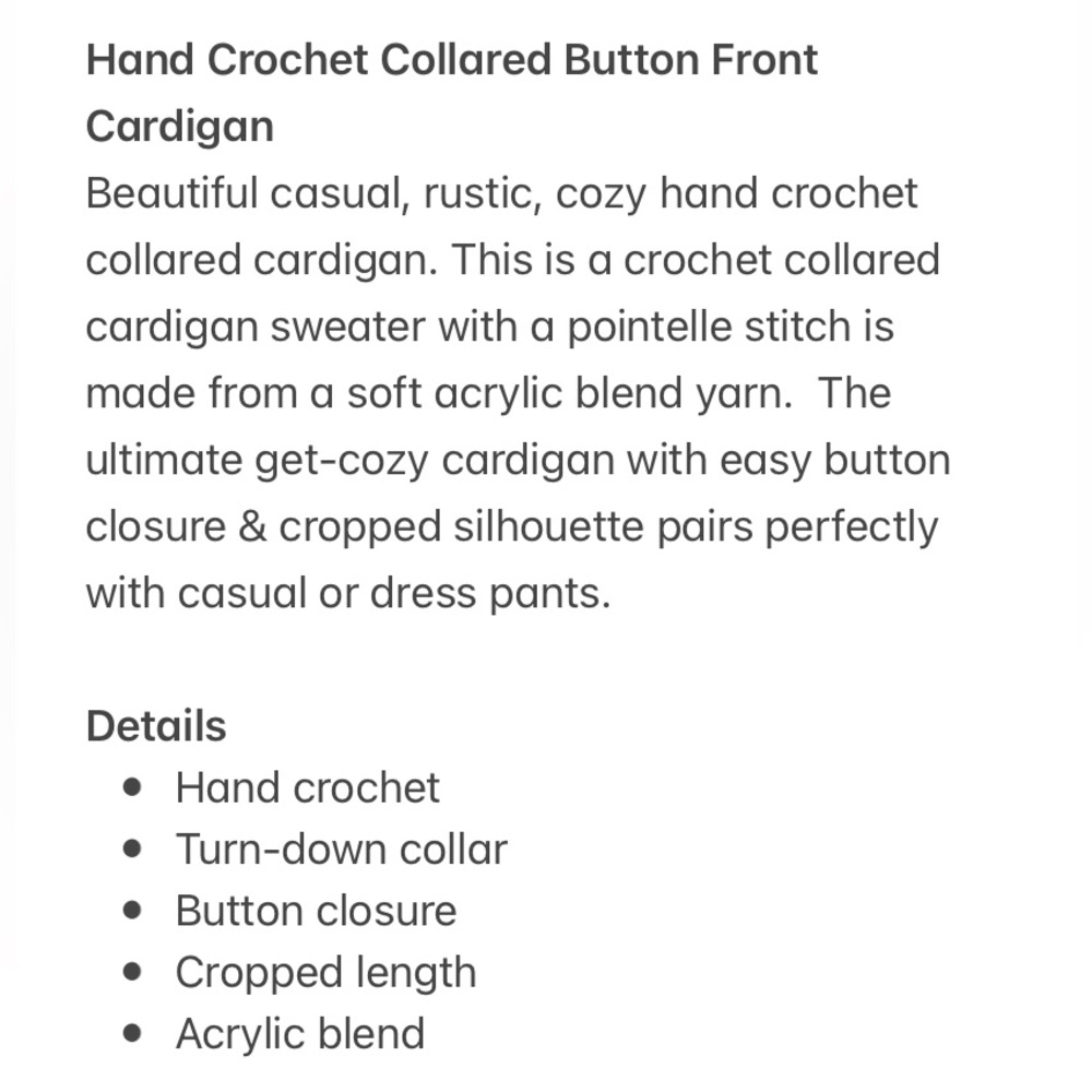 Hand Crochet Collared Button Front Cardigan - Picture 12 of 13